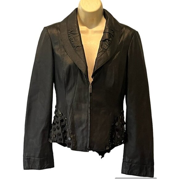 Bebe Black 100% Genuine Leather Crystals Shawl Collar Peplum Zip Jacket Size XS - Picture 1 of 10